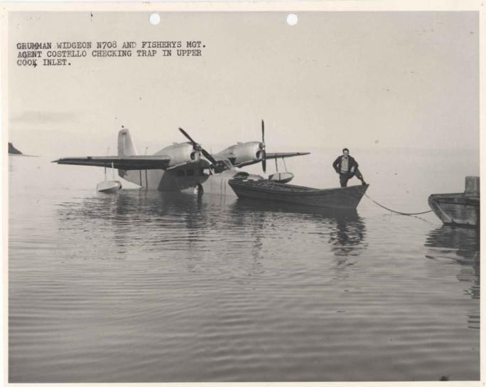 mann, liten, båt, waterplane, vintage, foto