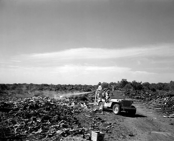 mann, stående, ryggen, jeep, sprøyting, fly, avl, by dump, Edinburg, Texas