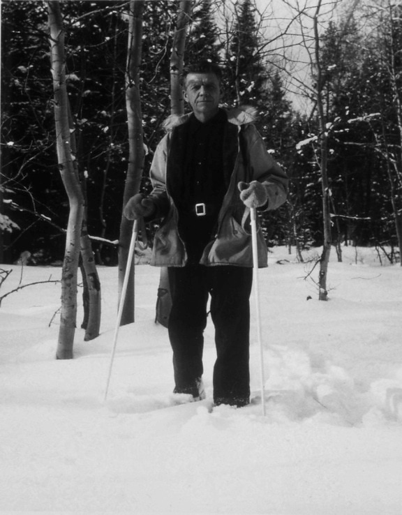 man, standing, skis, snow