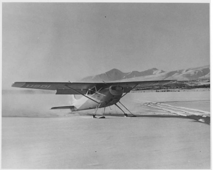 small, biplane, landing, snow
