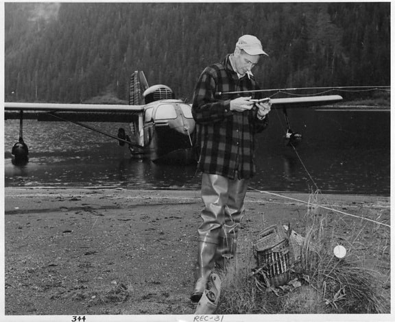 vintage, photo, man, fishing, lake