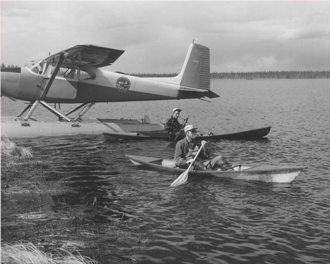 vintage, foto, gente, kayaks, lago, flotador, avión