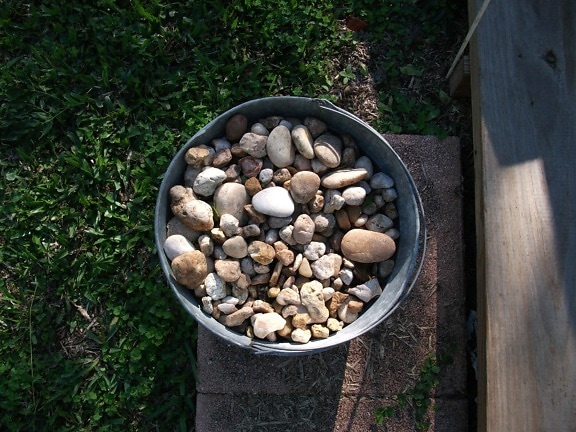 bucket, stones