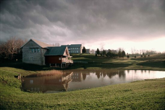 building, pond, line, stormy, clouds