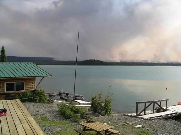 home, lake, forest, fire, background