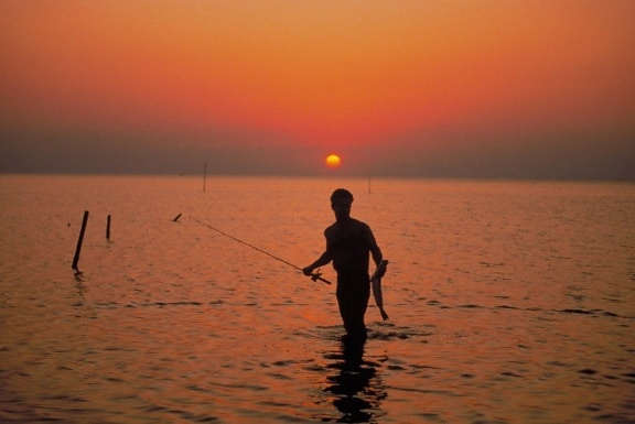 sunset, fishing