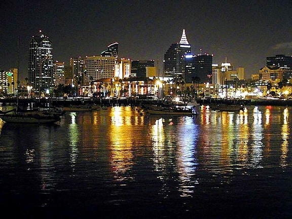 water, bay, city, lights, reflections, ripples, nighttime